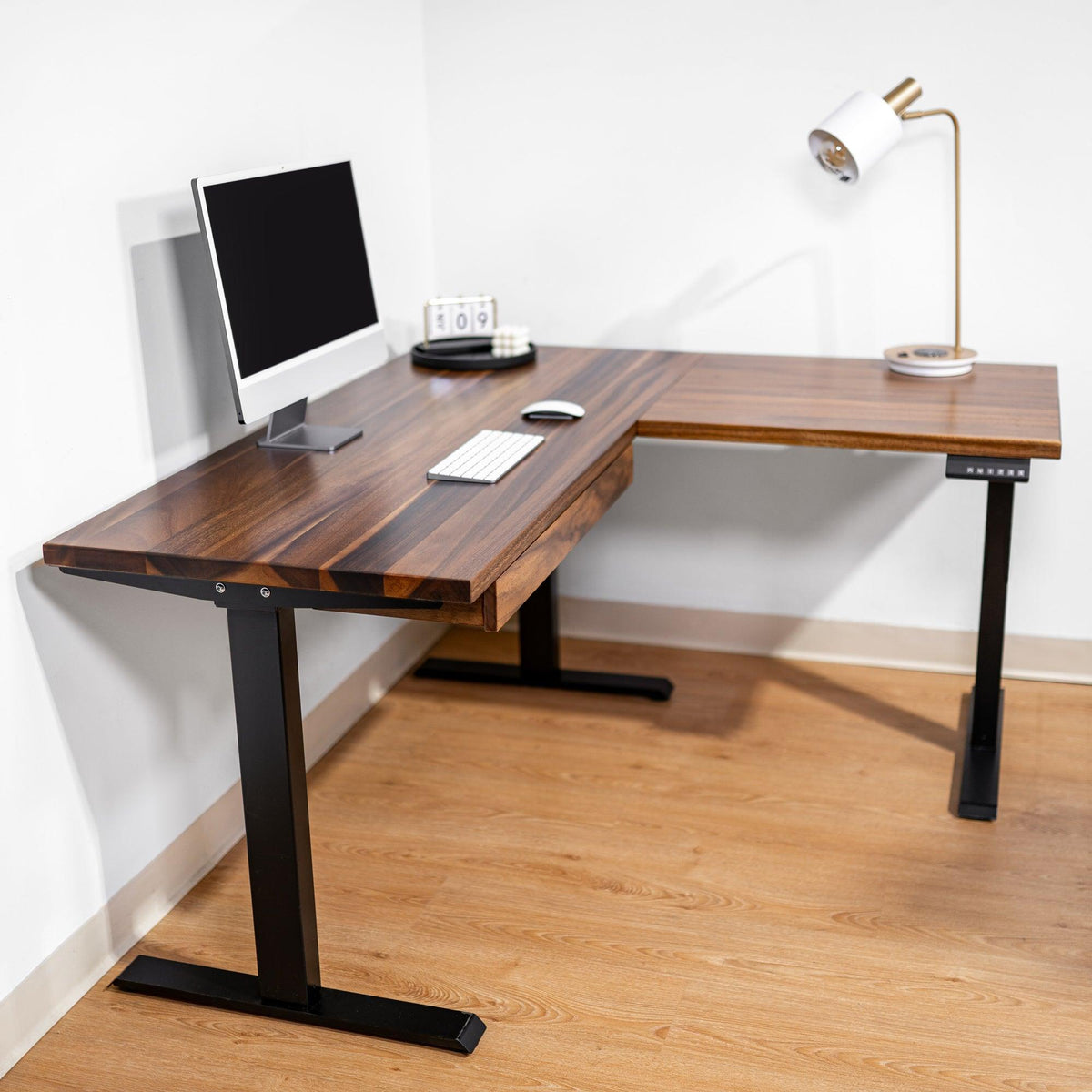 L Shaped Adjustable Standing Desk - Walnut Solid Wood - modern wood style