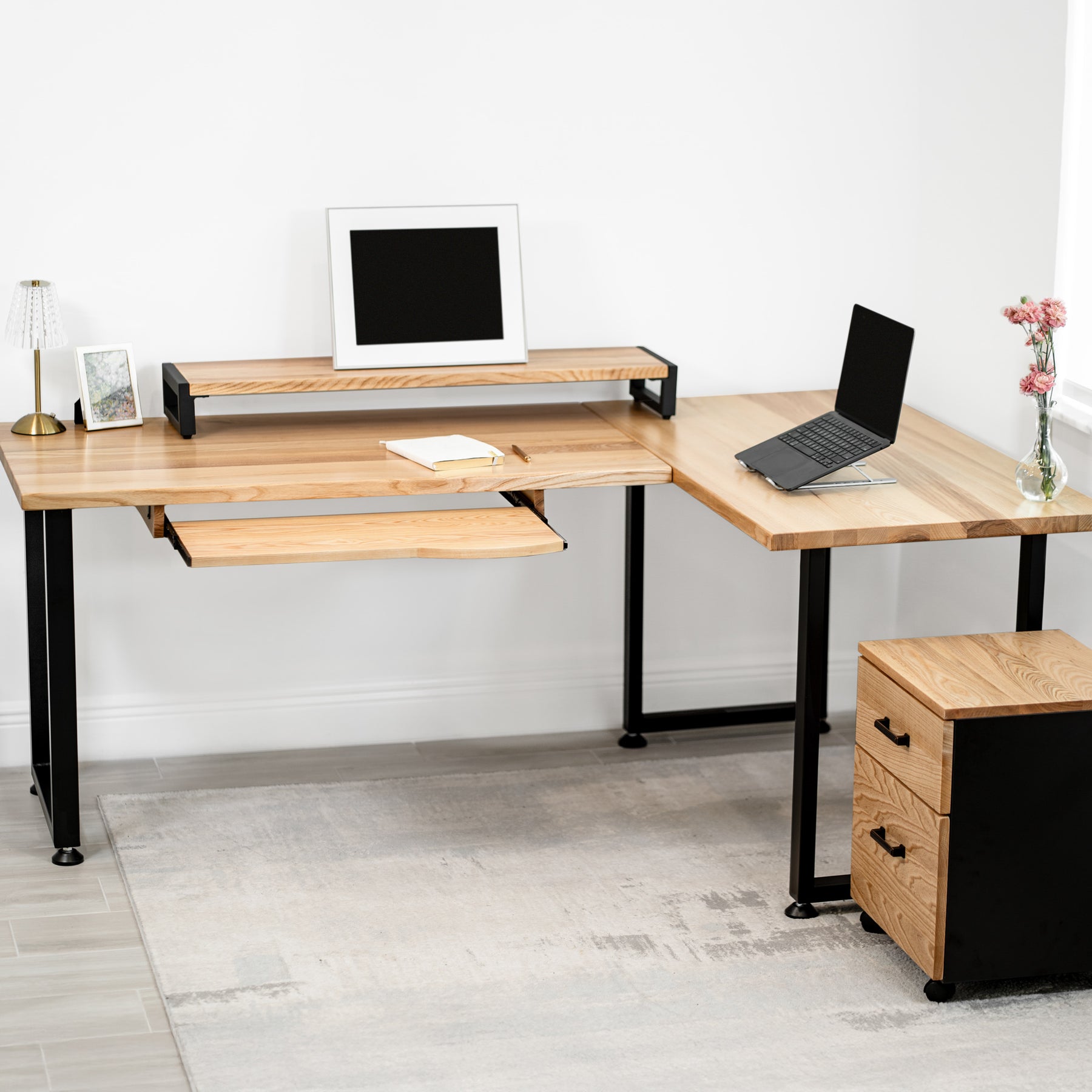 L Shaped Desk: White Ash Solid Wood