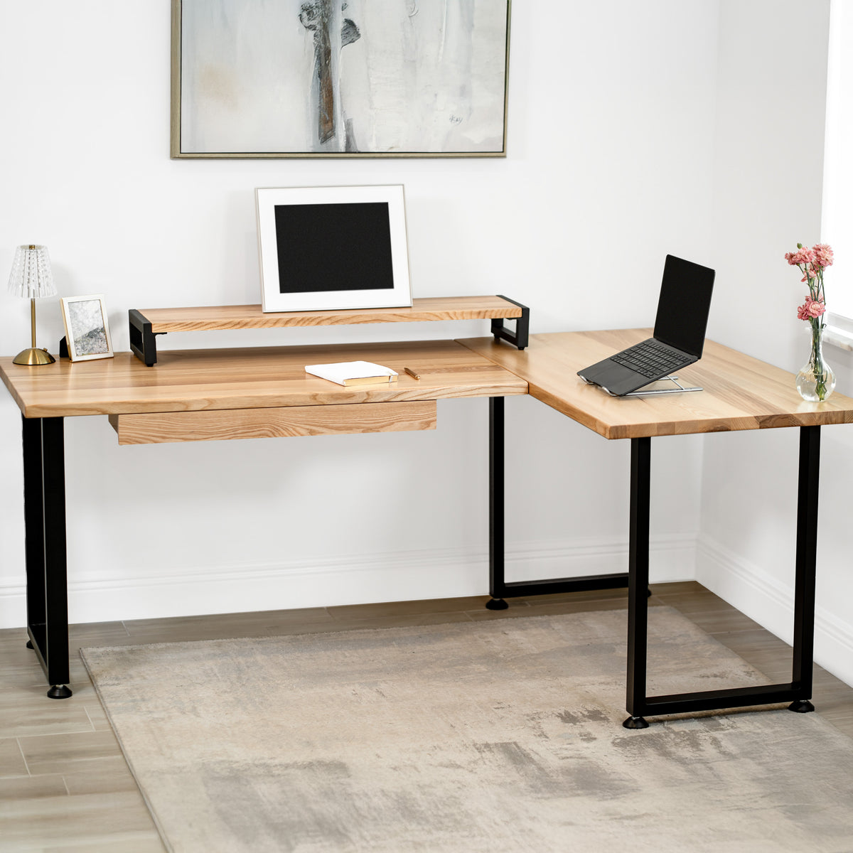 L Shaped Desk: White Ash Solid Wood