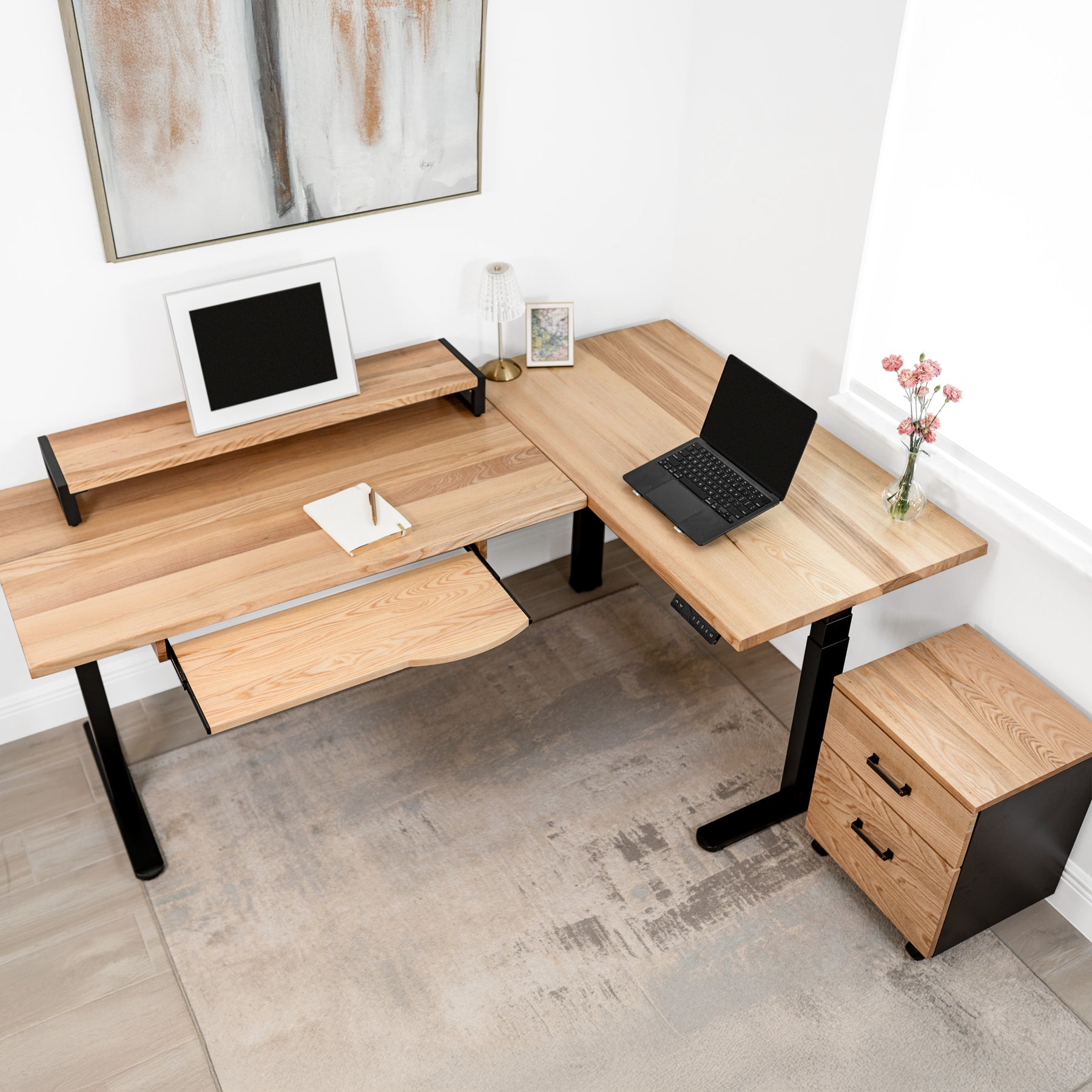 L Shaped Standing Desk: White Ash Solid Wood