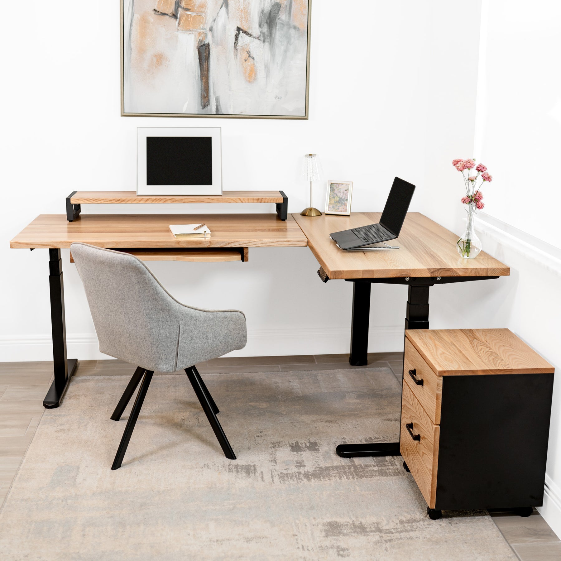 L Shaped Standing Desk: White Ash Solid Wood