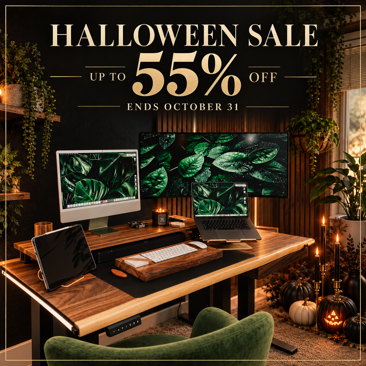 Solid walnut live-edge standing desk in an elegant home office with candles and black and ivory pumpkins. Gold text reads: “Halloween Sale: Up to 55% Off. Ends October 31.”