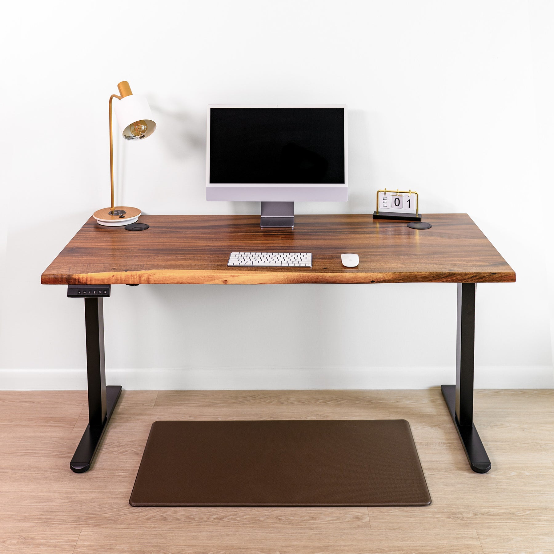 Adjustable standing desk with dual motor legs, warm brown walnut wood, natural live edge, and eco-friendly finish.