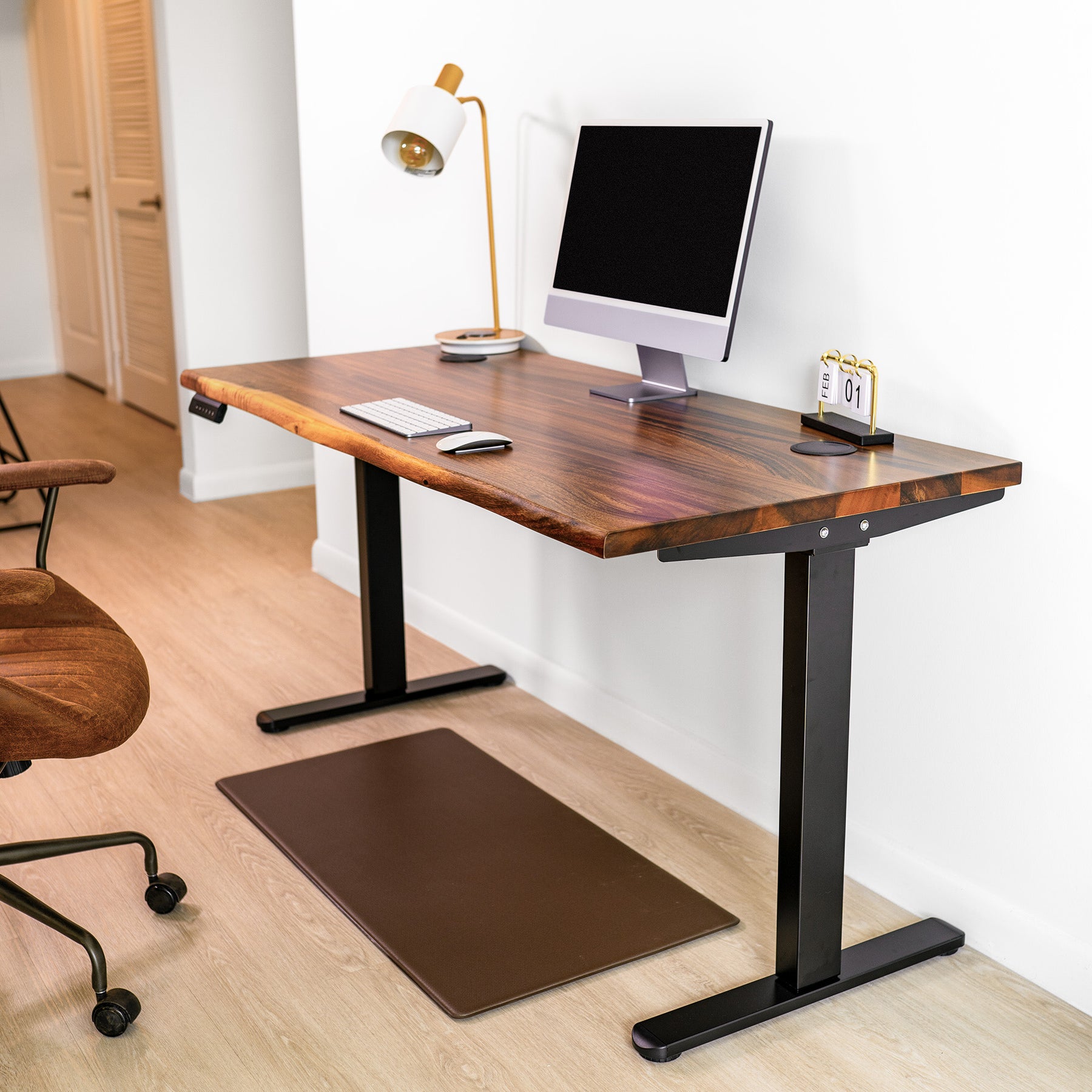 Walnut standing desk with dual motor adjustable legs and natural live edge in warm brown.