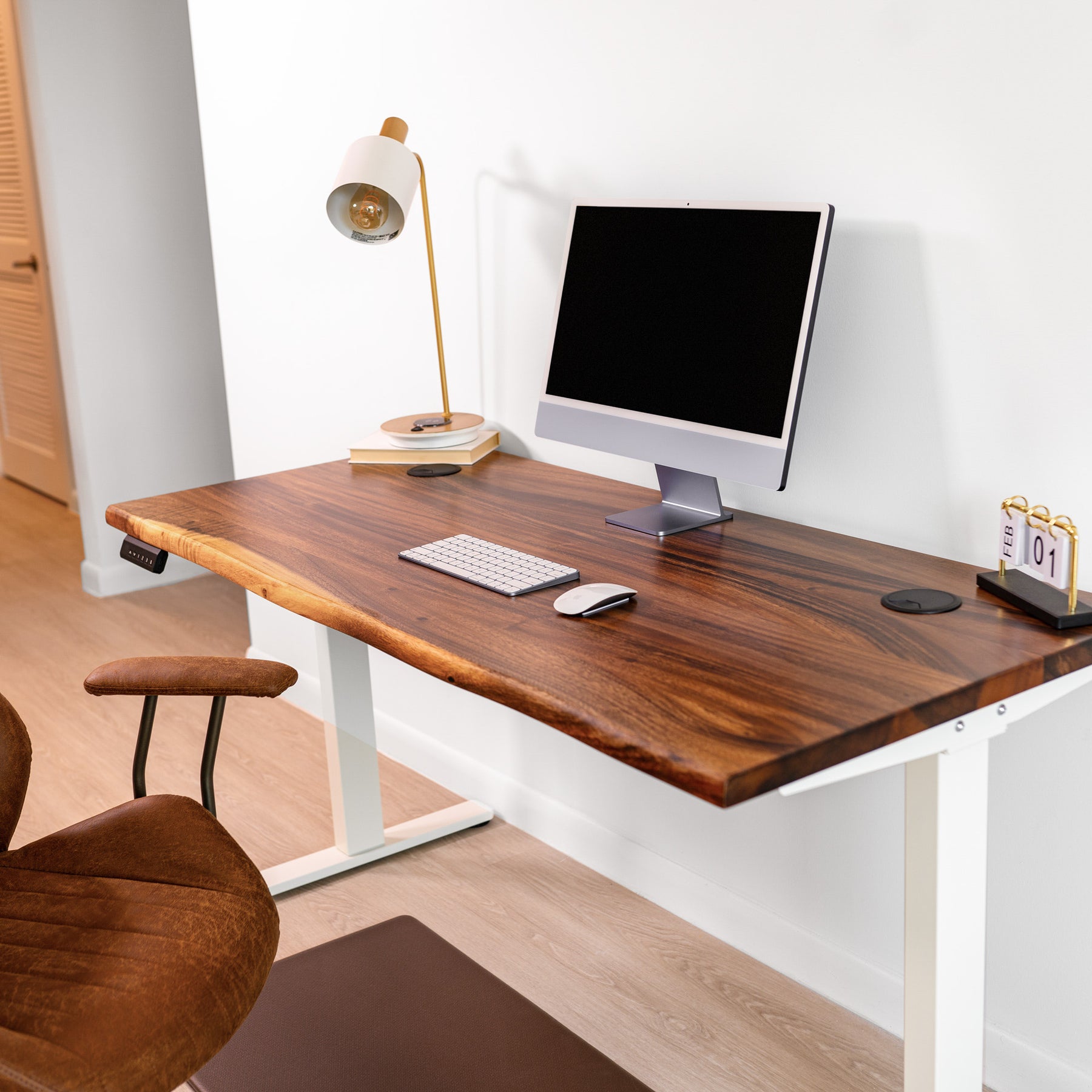 Ergonomic solid wood desk with a natural live edge in walnut brown, ideal for stylish workspaces