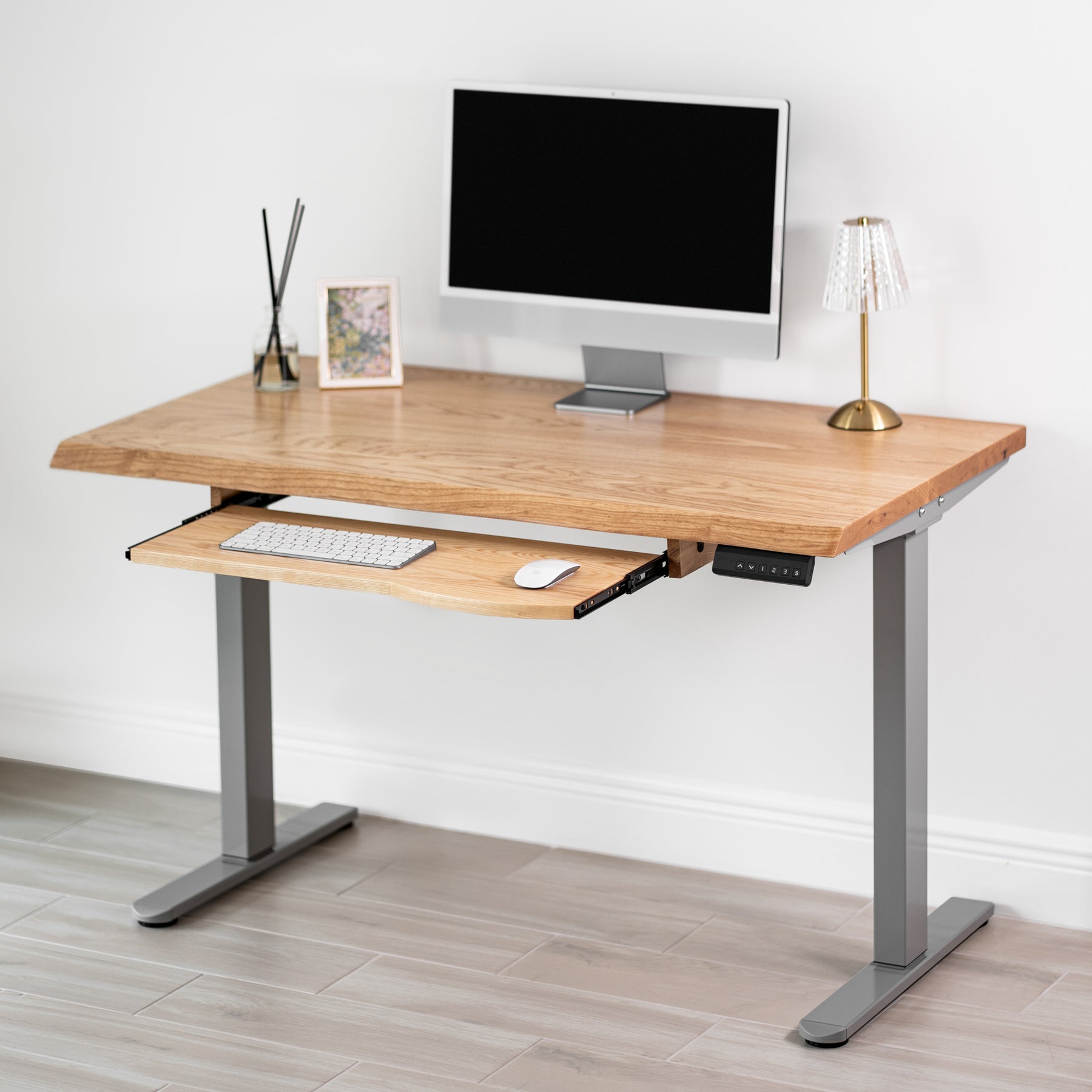 Standing Desk with Keyboard Tray - Live Edge Ash Solid Wood - Modern Wood Style