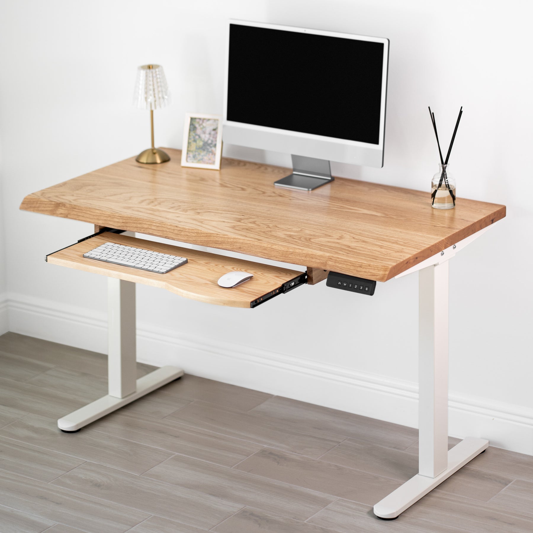 Standing Desk with Keyboard Tray - Live Edge Ash Solid Wood - Modern Wood Style