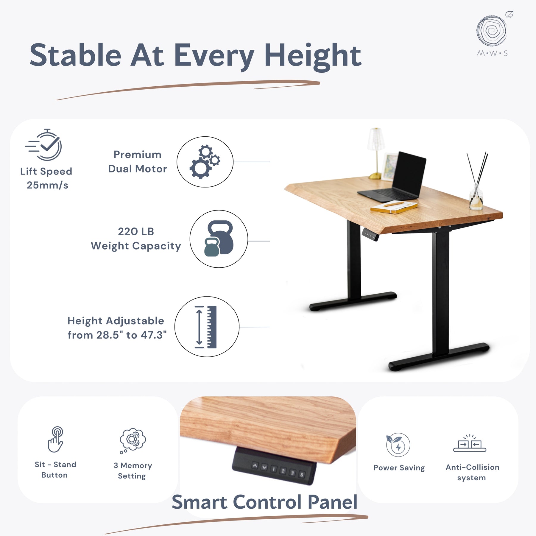 Standing Desk with Drawer – Live Edge Ash Solid Wood - Modern Wood Style