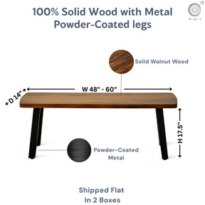 Wooden bench with metal powder-coated legs, labeled dimensions, and product details.