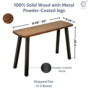 Solid wood console table with metal powder-coated legs, showing dimensions and material details.