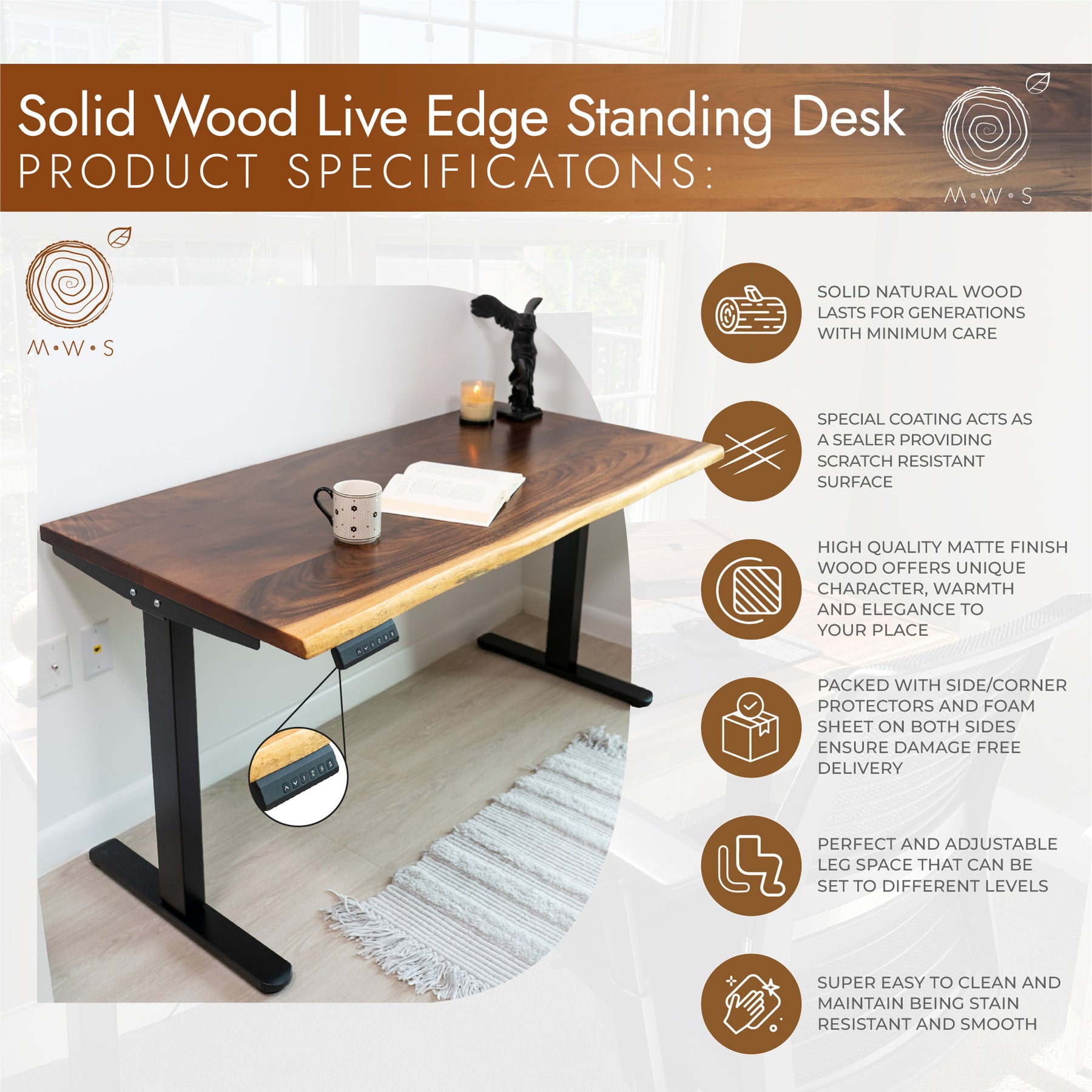 Stand Up Desk with Storage - Live Edge Wood Standing desk, Walnut Desk