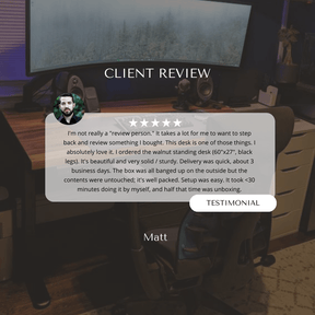 Client review praising walnut desk with black legs, 5-star rating, highlighting sturdy build, quick delivery, and easy setup