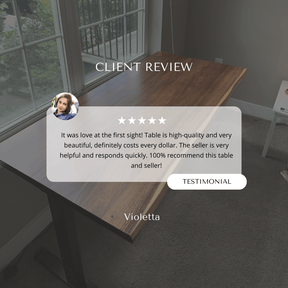 Client review praising high-quality walnut desk, 5-star rating, highlighting beauty and value