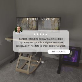 Client review praising walnut standing desk with black legs, 5-star rating, highlighting sturdy build, quick delivery, and easy setup