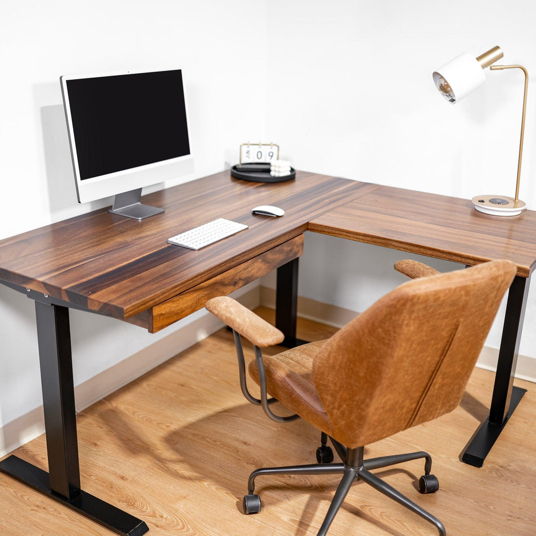 L Shaped Adjustable Standing Desk - Walnut Solid Wood