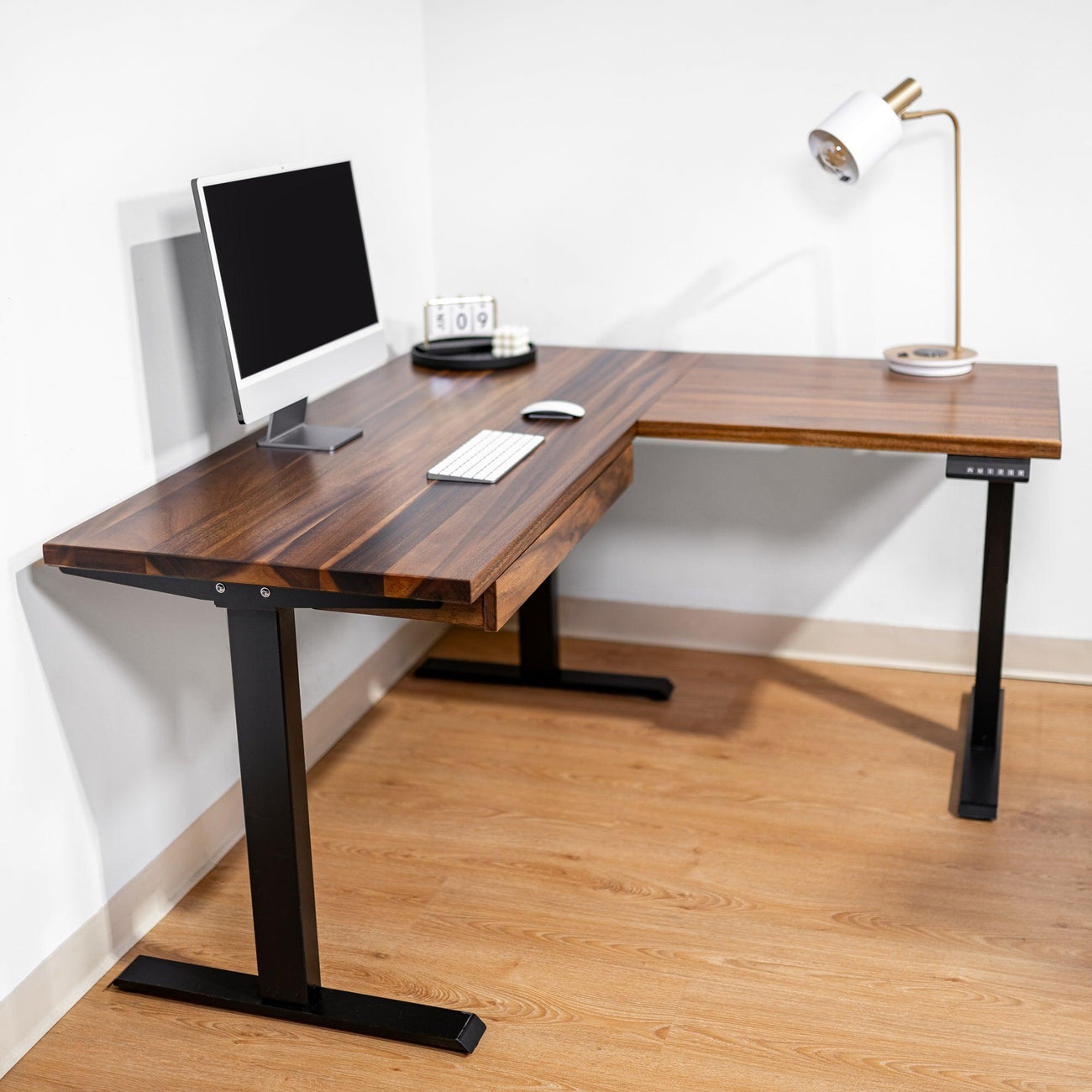 L Shaped Adjustable Standing Desk - Walnut Solid Wood