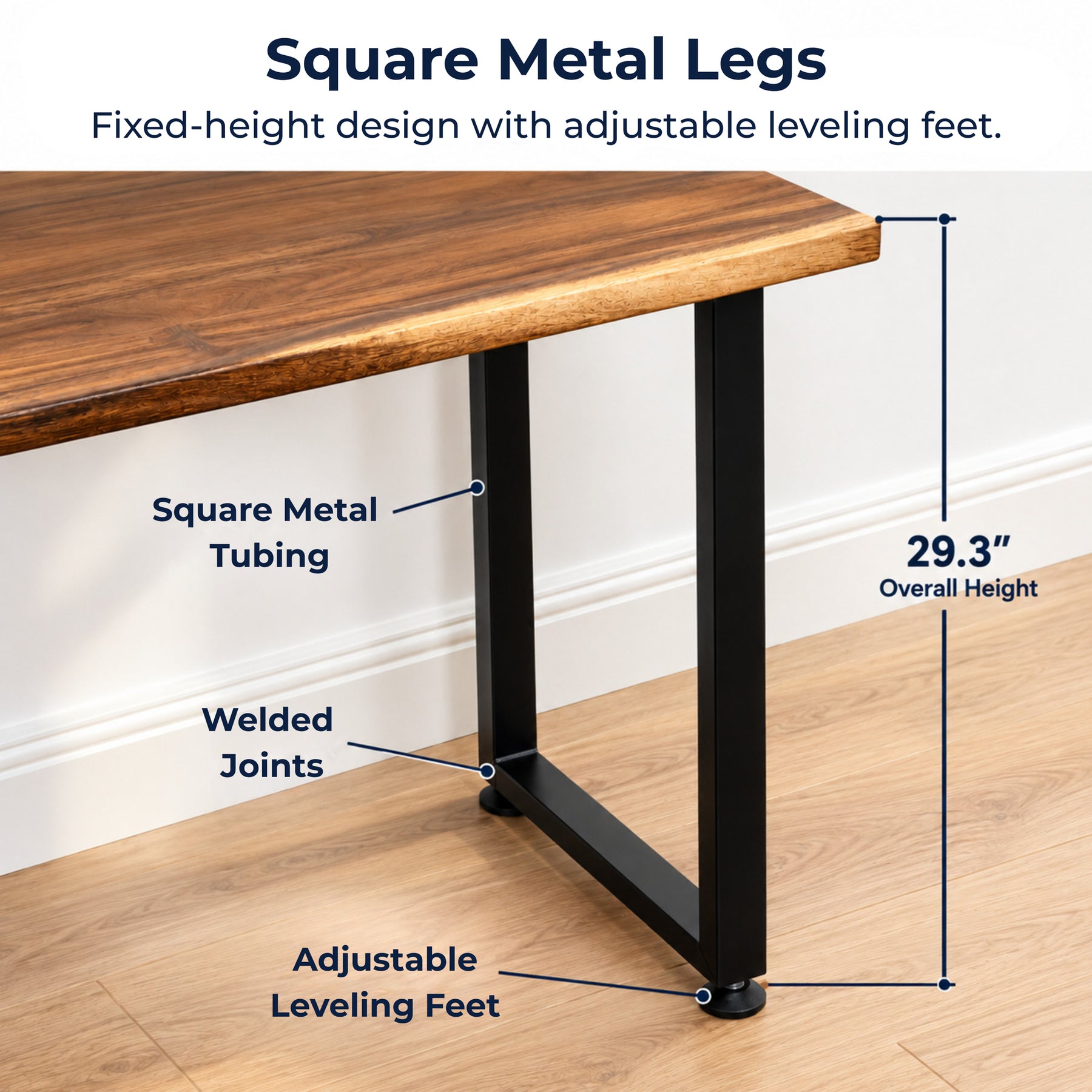 Solid wood corner desk with metal legs, featuring sturdy black square tubing, stable welding, adjustable feet, 29.3 inch height, and 500 lb capacity.