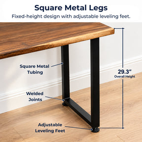 Solid wood corner desk with metal legs, featuring sturdy black square tubing, stable welding, adjustable feet, 29.3 inch height, and 500 lb capacity.