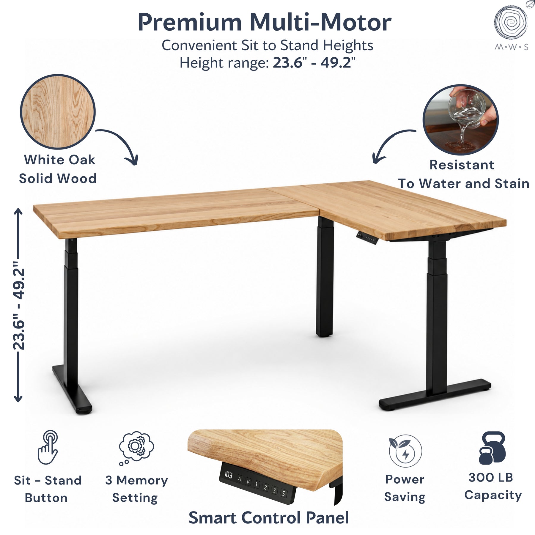 White oak L-shaped standing L-shaped desk with black legs on a white background, featuring text and icons about its features.
