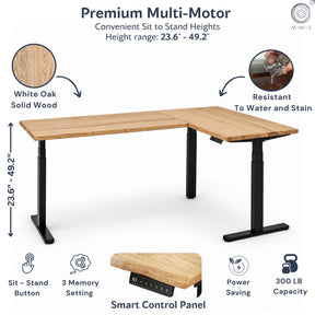 White oak L-shaped standing L-shaped desk with black legs on a white background, featuring text and icons about its features.
