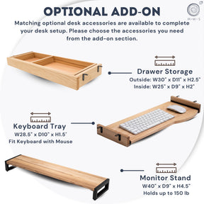 White oak L-shaped desk with accessories, including a drawer storage unit, keyboard tray, and monitor stand, with dimensions and features.