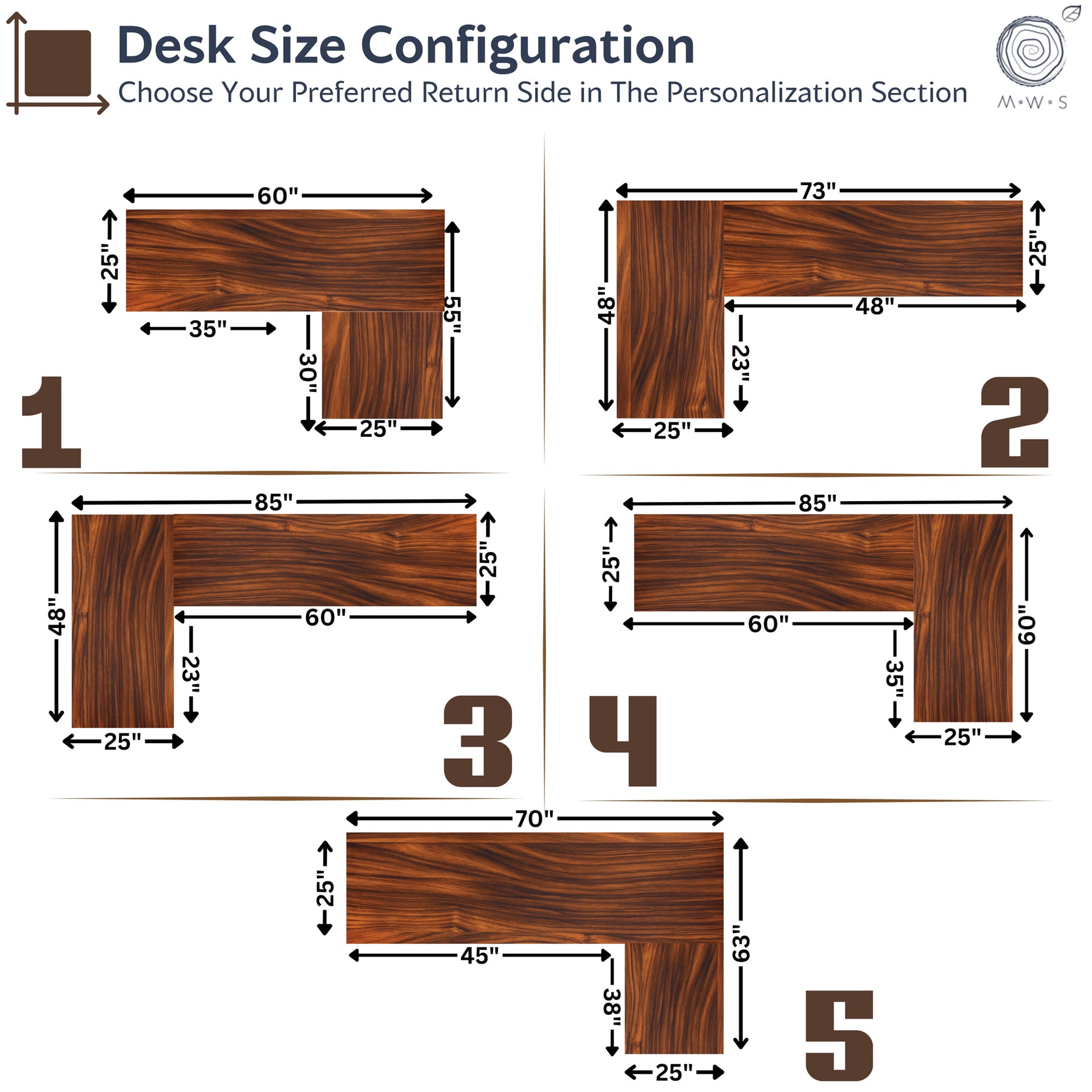 Solid wood L-shaped desk size configuration with dimensions labeled