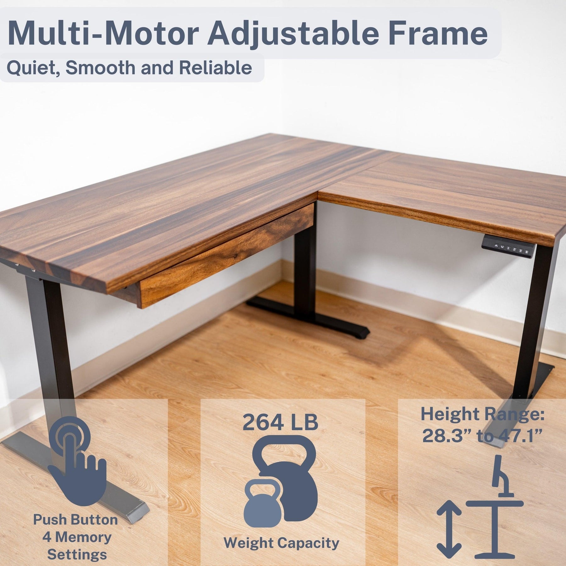 L Shaped Adjustable Standing Desk - Walnut Solid Wood - modernwoodstyle