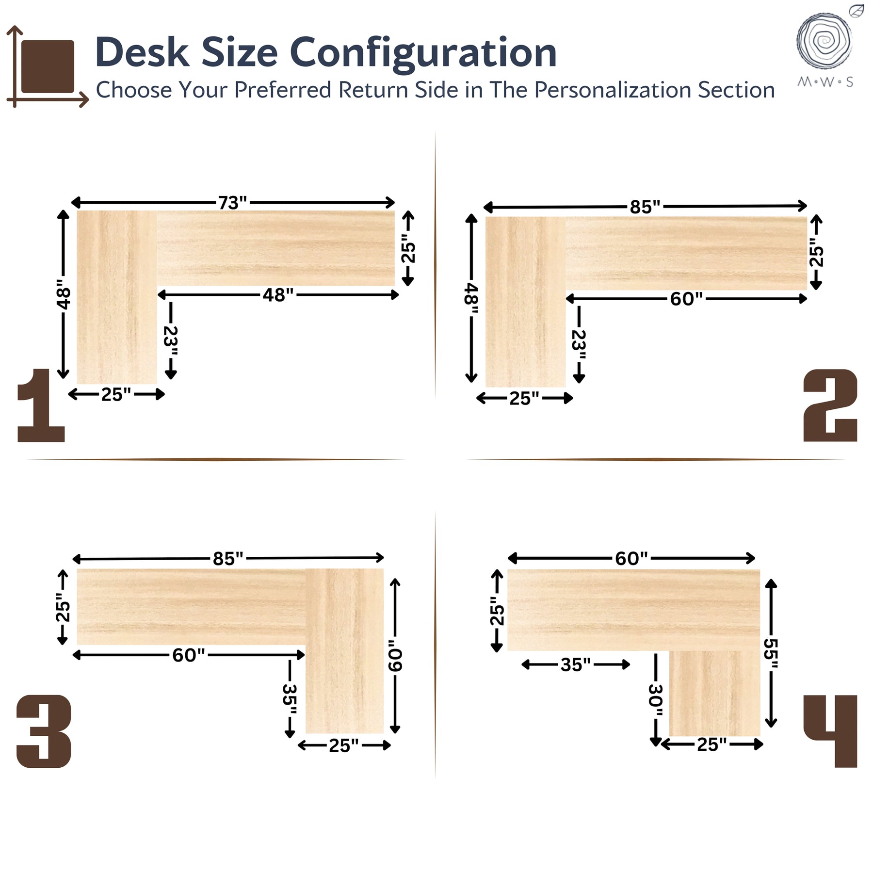 Diagram of desk size configurations with dimensions labeled.