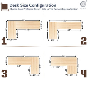 Diagram of desk size configurations with dimensions labeled.