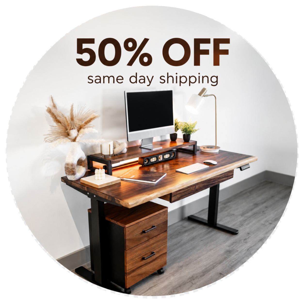 Walnut standing desk with computer setup in a room, promotional text overlay '50% OFF same day shipping'.