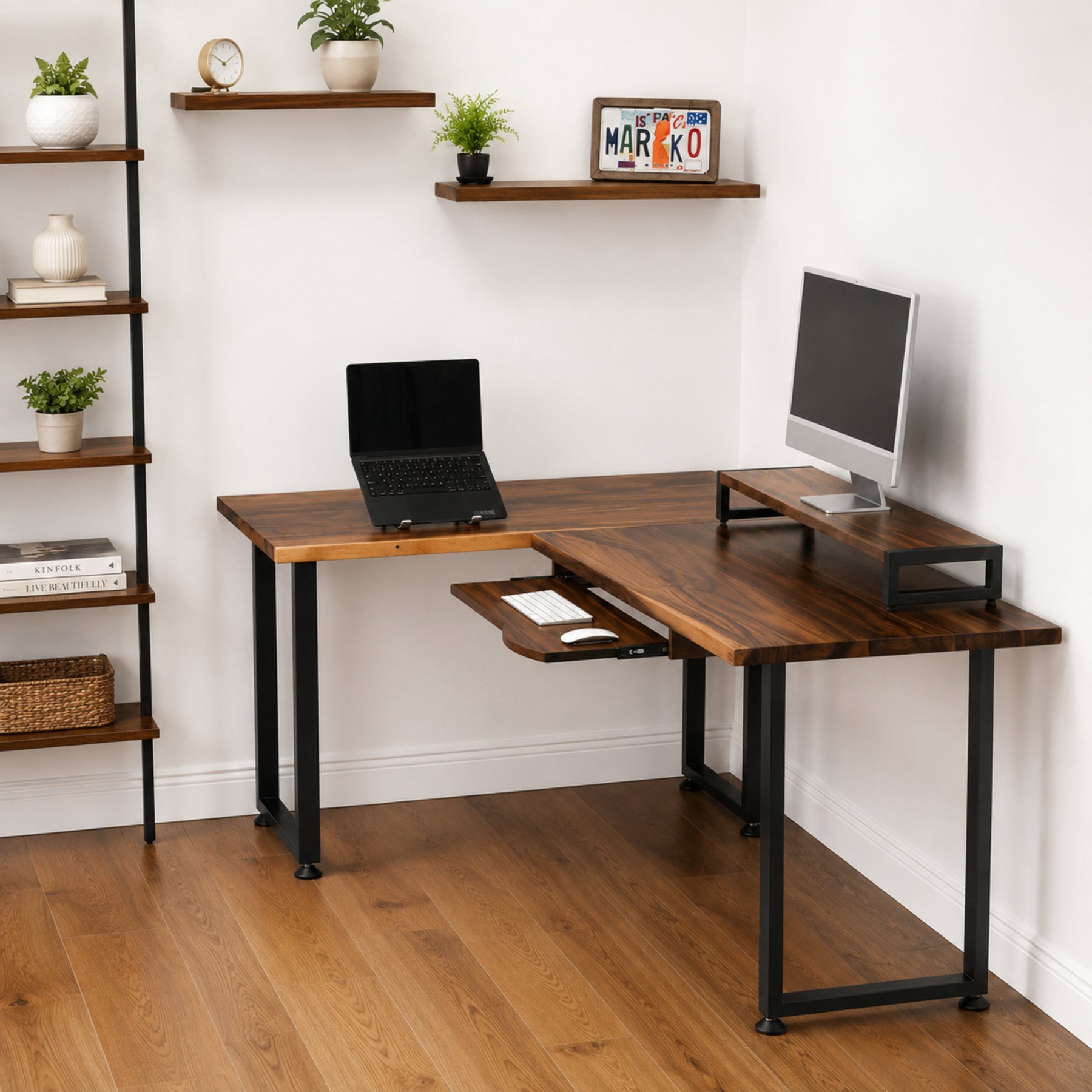 Walnut solid wood L-shaped desk with keyboard tray, computer setup in a home office.