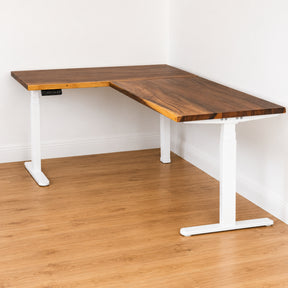Walnut L-shaped standing desk with white legs on a wooden floor.