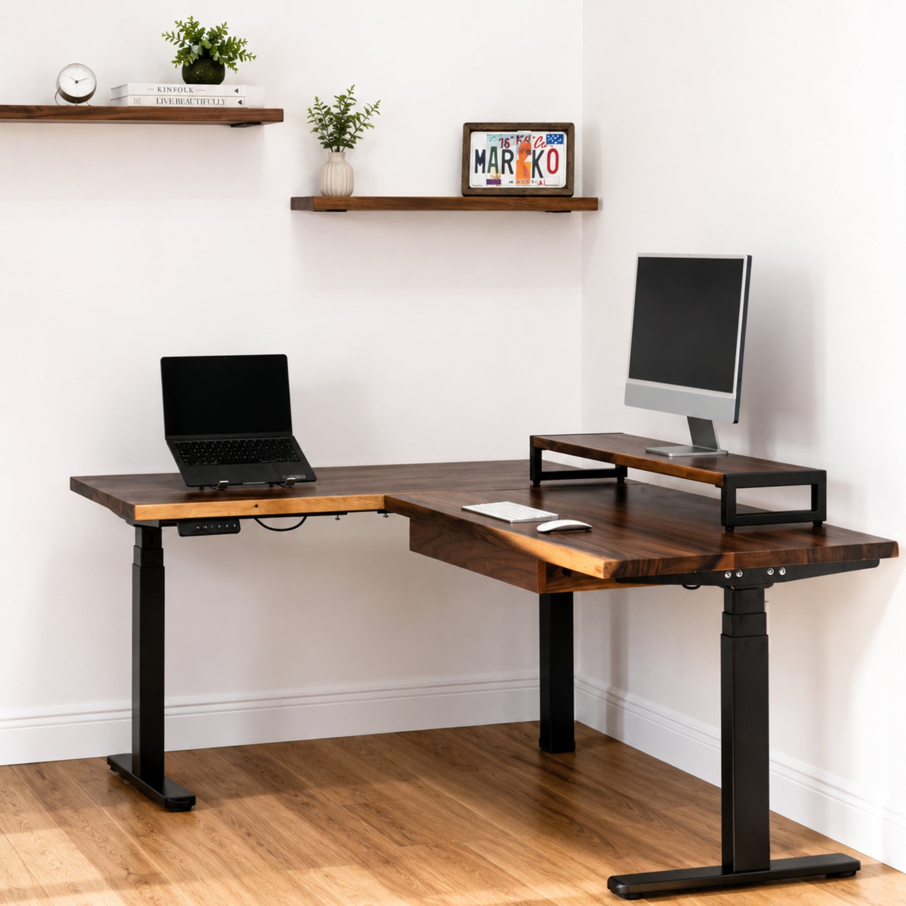 L Shaped Adjustable Standing Desk - Walnut Solid Wood