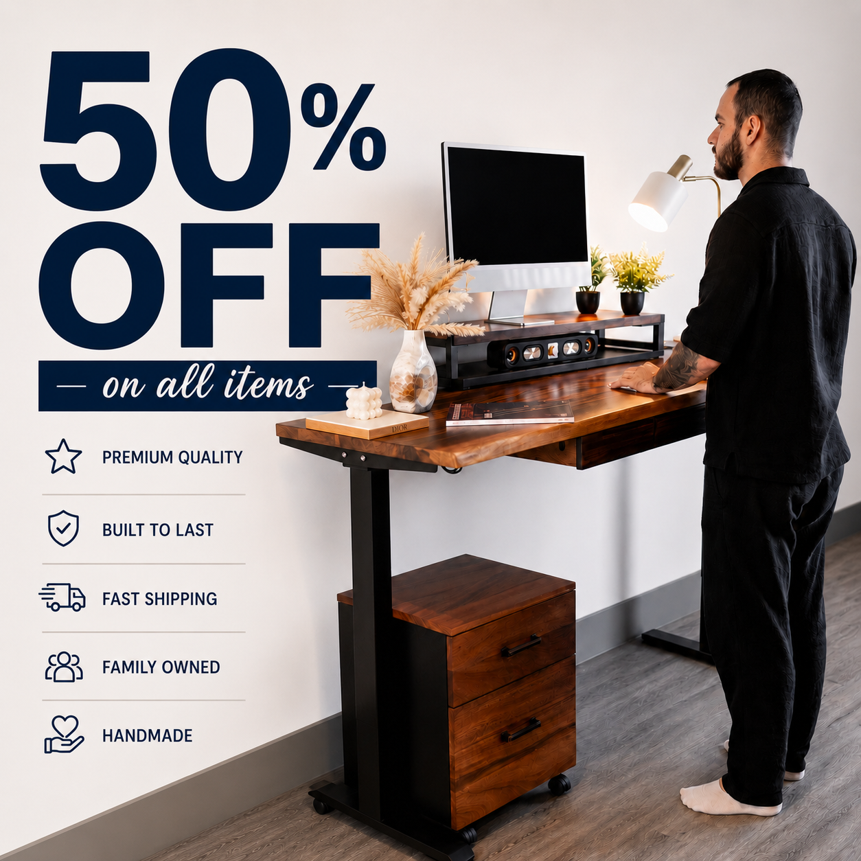 Walnut standing desk with dual motor height-adjustable frame, solid wood desktop, premium handmade home office setup with 50% off sale promotion.