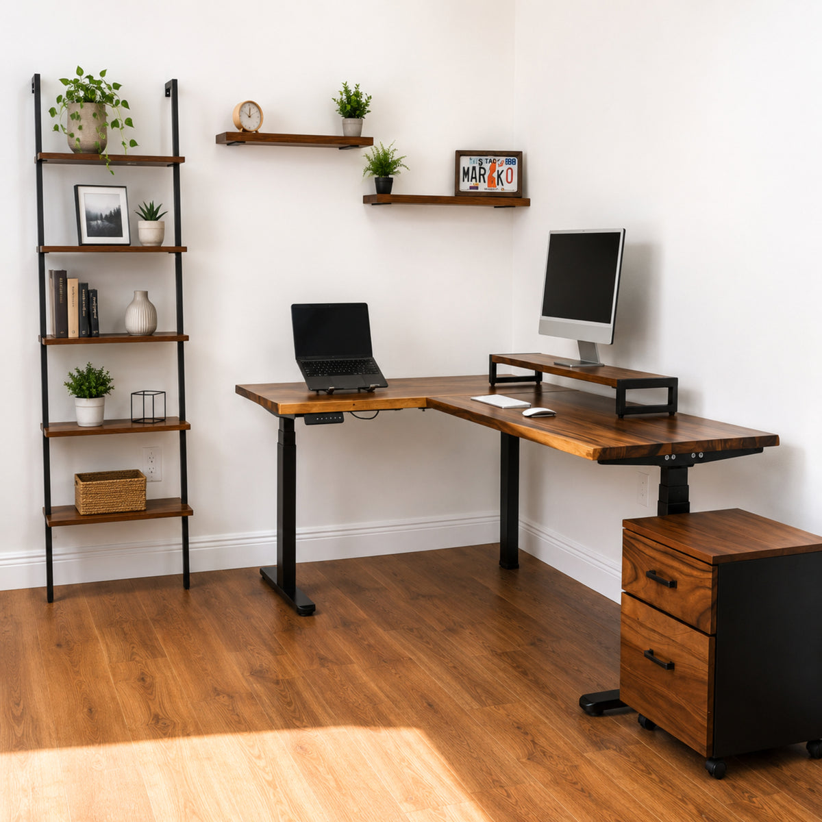 Walnut L-shaped standing desk with office furniture in a room.
