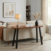 Behind the couch console table in the living room space, and decorative items.