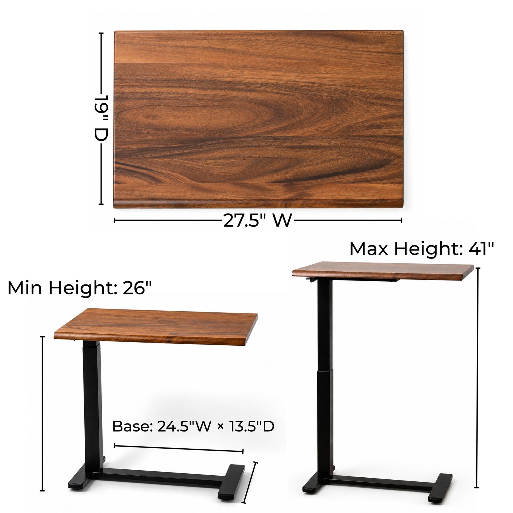 Compact rolling laptop desk with a 27.5 by 19-inch top, 26-to-41-inch height range, and low-profile base