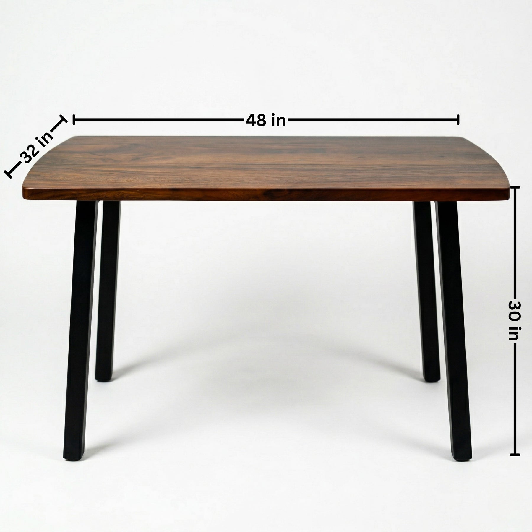 Compact solid walnut dining table with dimensions labeled on a white background
