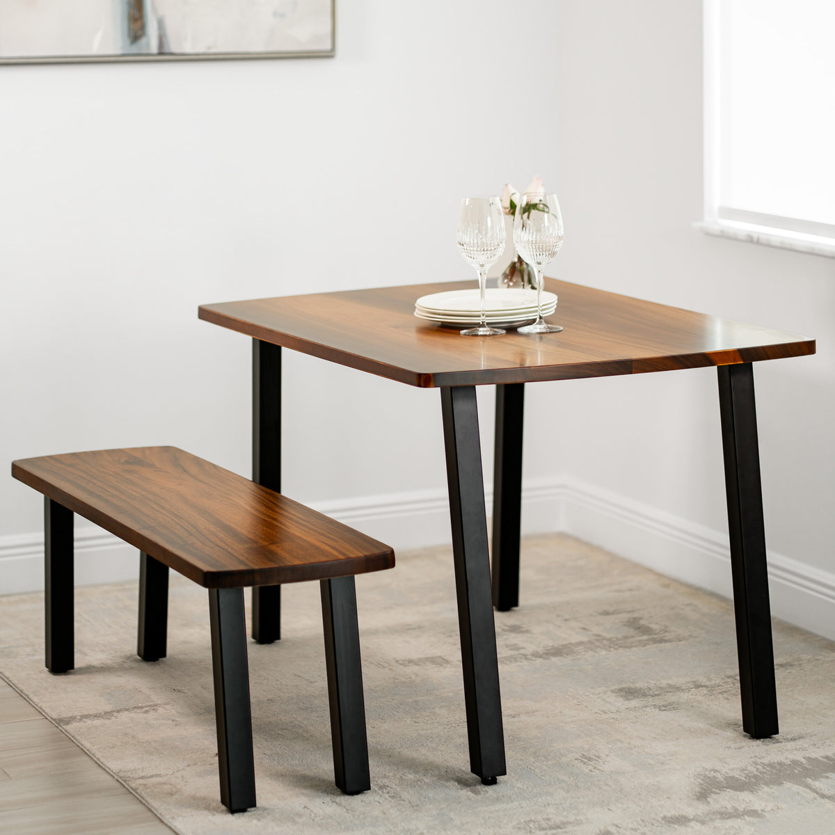 Walnut Dining Table Set for 4 with Bench | Modern Wood Style