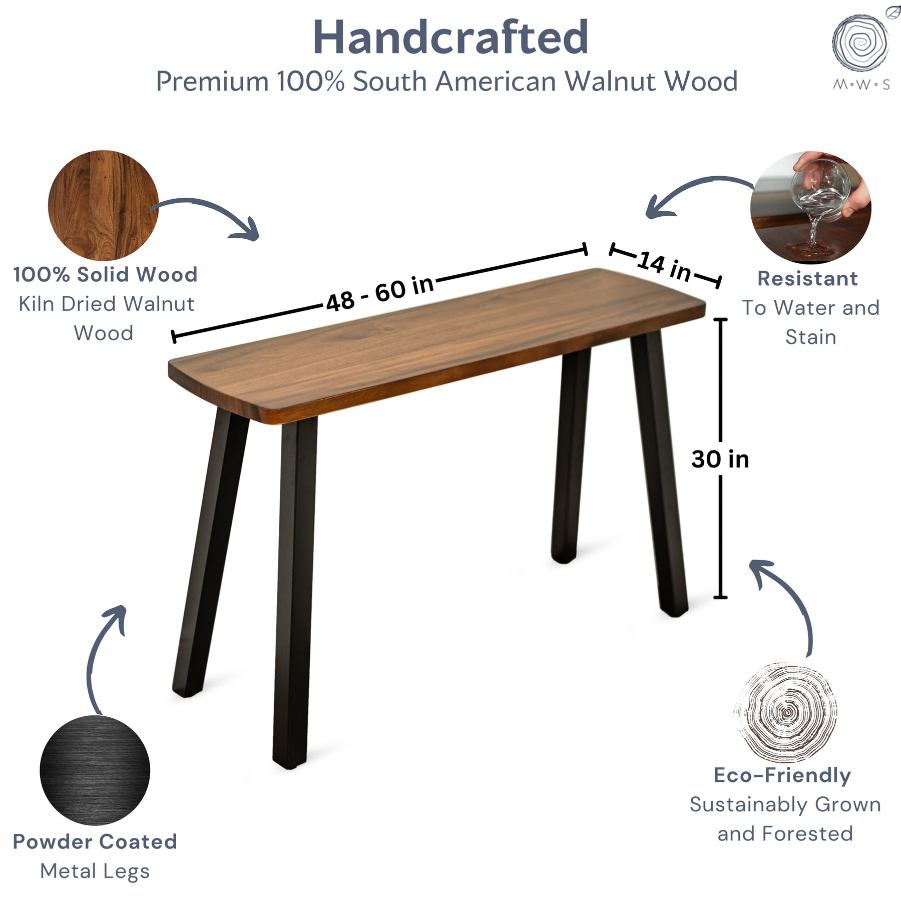 Console table with specifications on a white background