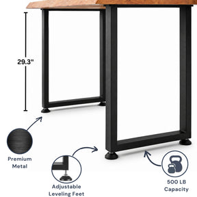 White oak computer desk with black metal legs on a white background, featuring dimensions, material, and capacity details.