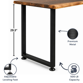 Industrial-style desk leg with a black metal frame, live-edge wood tabletop, adjustable leveling feet, and dimension callouts showing 29.3 inches in height, with inset circles labeled Premium Metal and 500 LB Capacity.