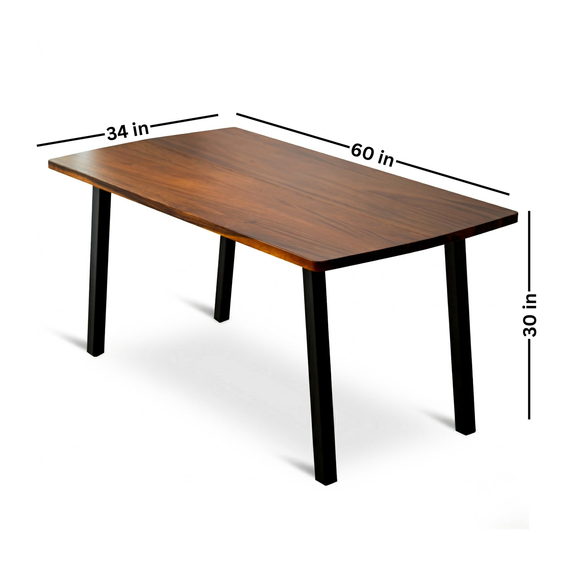 Solid walnut dining table with dimensions labeled on a white background