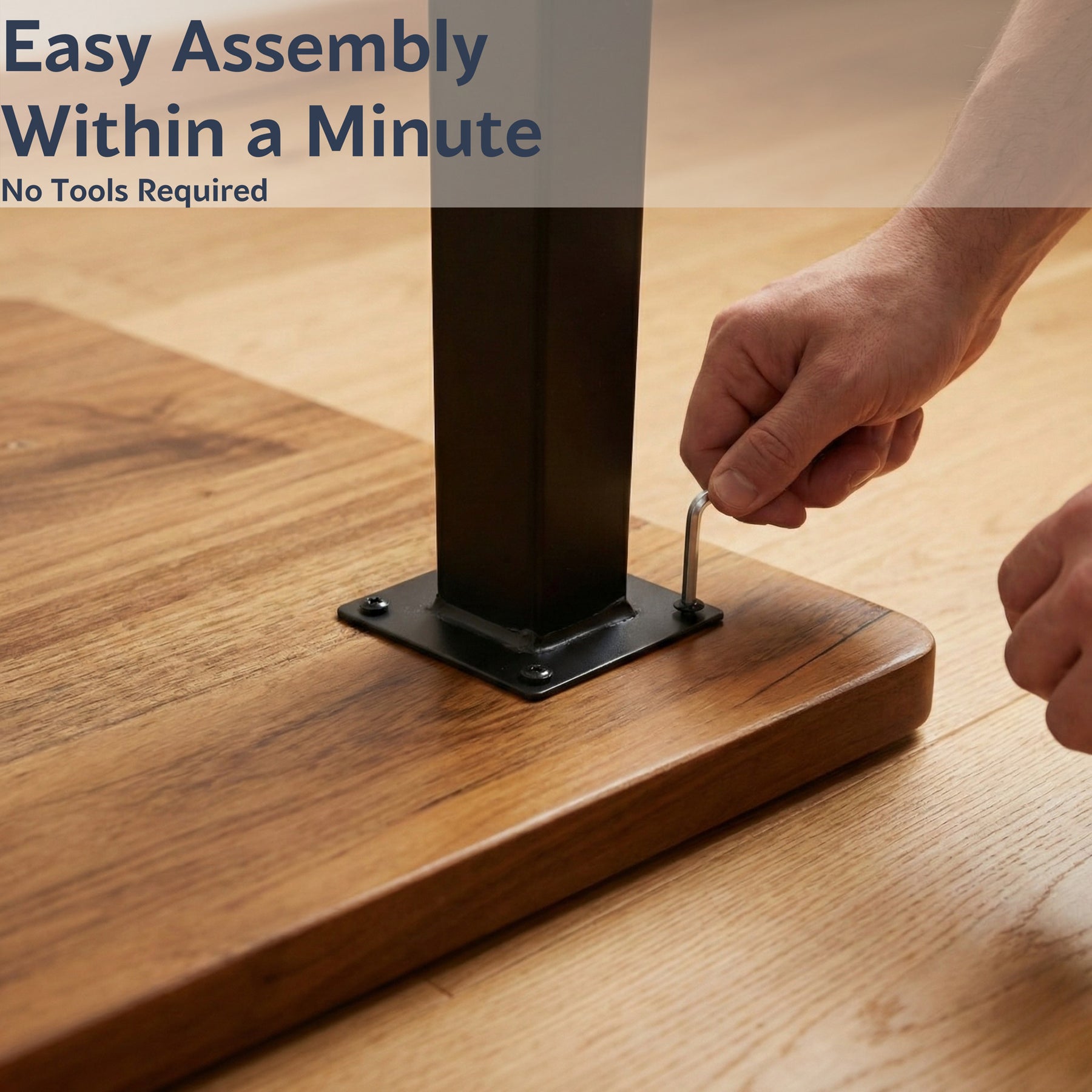Hand using a screwdriver to assemble a wooden bench with text 'Easy Assembly Within a Minute No Tools Required'.