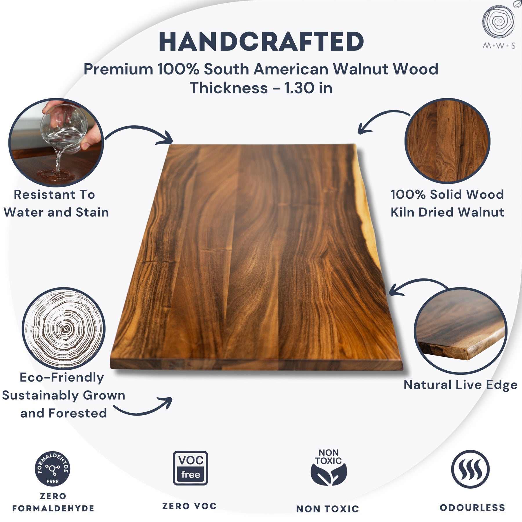 Handcrafted walnut standing desk with a premium 100% South American Walnut Wood desktop, featuring highlighted details.