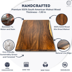 Handcrafted walnut standing desk with a premium 100% South American Walnut Wood desktop, featuring highlighted details.