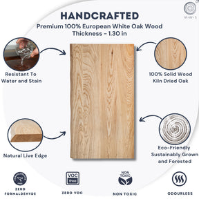 White oak standing desk top with sustainability features and product details on a white background