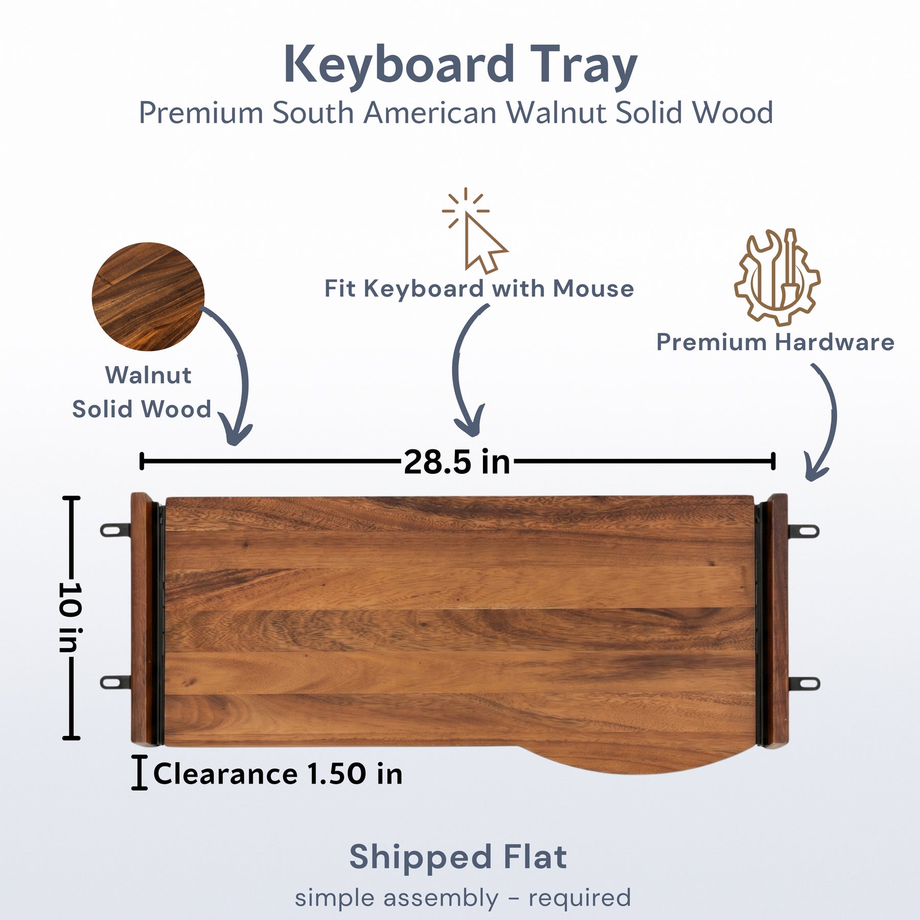 Top-down product diagram of a keyboard tray made of solid walnut wood, showing dimensions of 28.5 inches by 10 inches with clearance of 1.5 inches.