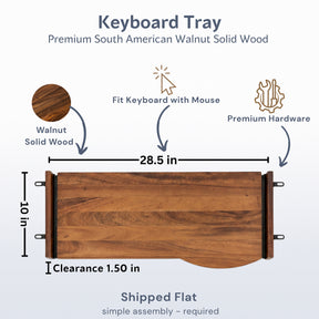Top-down product diagram of a keyboard tray made of solid walnut wood, showing dimensions of 28.5 inches by 10 inches with clearance of 1.5 inches.