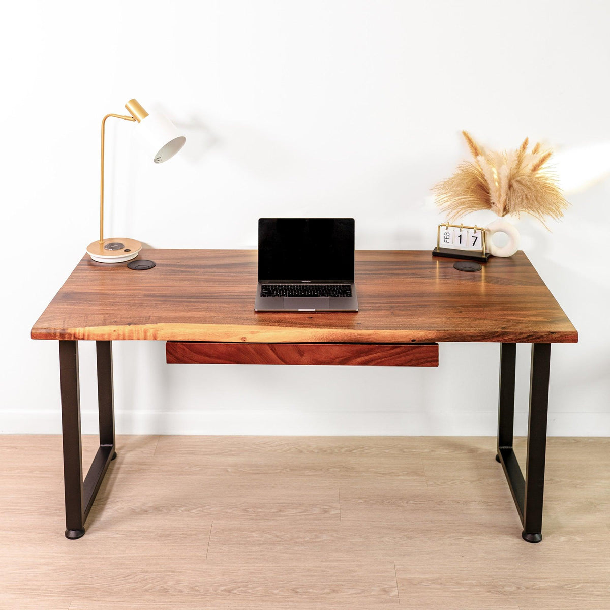 Front view of walnut solid wood computer desk with integrated drawer and black metal legs 